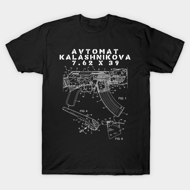 Avtomat Kalashnikova Blueprint - AK47, Mikhail Kalashnikov, Guns, Firearms, Patent T-Shirt by SpaceDogLaika